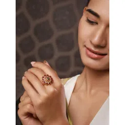 Aatmana Gold-Plated Maroon & Green Stone-Studded Floral Shaped Adjustable Finger Ring-picture-18