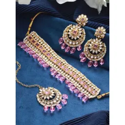 Aatmana Gold-Plated Pink & White Kundan Studded & Pearl Beaded Necklace Set-picture-37