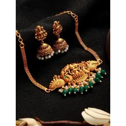 Aatmana Gold-Plated Red & Green Stone-Studded & Beads-Beaded Lakshmi Temple Necklace Set-picture-28