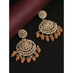 Aatmana Gold-Toned Peach & White Studded Crescent Shaped Chand Bali Earrings for Women-picture-34