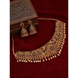 Aatmana Gold-Toned Pink & Green Stone-Studded & Beaded Handcrafted Necklace & Earring Set-picture-20