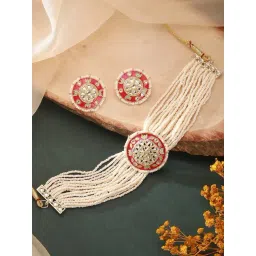 Aatmana Green & Pink Minimal Meenakari Work Floral Multistrand Necklace & Earring Set-picture-16