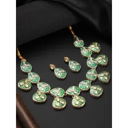 Aatmana Green & White Gold-Plated Enameled & Kundan Studded Necklace Set-picture-27