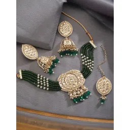Aatmana Green Minimal Kundan Studded & Beaded Necklace, Maangtikka & Earrings Set-picture-25