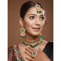 Aatmana Kundan & Green Beaded Necklace, Earring, Maang Tikka & Ring Set-picture-23