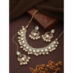 Aatmana Kundan-Studded & Pearl Beaded Green Necklace, Earring & Maang Tikka Set-picture-24