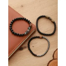 Aatmana Men Brown & Black Elasticated Beaded Bracelet - Set of 3-picture-31