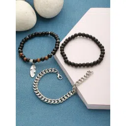 Aatmana Men Silver-Toned & Black Silver-Plated Bracelet - Set of 3-picture-34