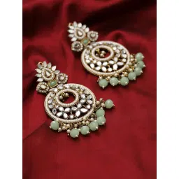 Aatmana Mint Green Gold-Plated stone Studded & Beadded Crescent Shaped Dangler Earrings-picture-13