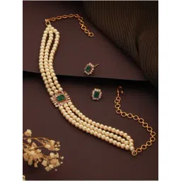 Aatmana Off-White & Green Gold-Plated Layered Pearl Choker Necklace Set-picture-36