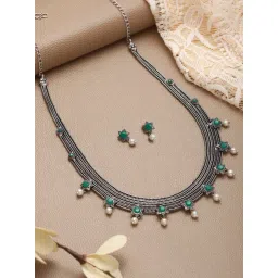 Aatmana Oxidised Silver-Tone Green Stone Studded & Pearl Beaded Necklace Set-picture-34