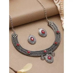 Aatmana Oxidised Silver-Tone Green Stone Studded Necklace Set-picture-33