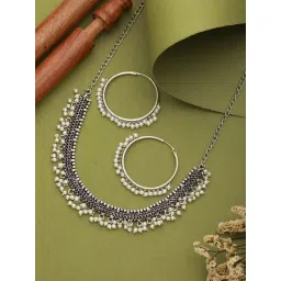 Aatmana Oxidized Silver-Plated & Pearl Beaded Necklace with Hoop Earrings-picture-17