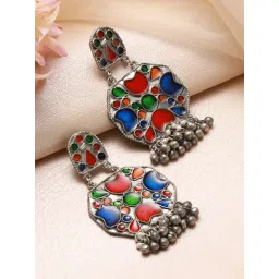 Aatmana Oxidized Silver-Toned Multi-coloured Enamelled Contemporary Drop Earrings for Women-picture-15