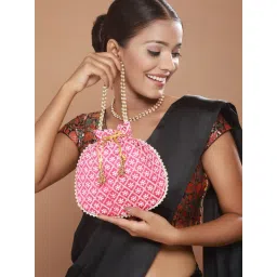 Aatmana Pink & Gold-Toned Chikan Embroidered Work Potlid Clutch image 1