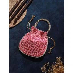 Aatmana Pink & Gold-Toned Chikan Embroidered Work Potlid Clutch image 2
