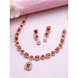 Aatmana Red American Diamond Rose Gold-Plated & CZ Studded Necklace Set-picture-44