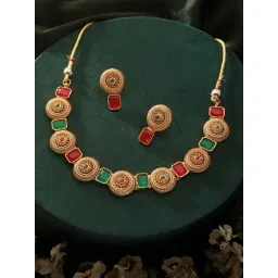 Aatmana Red & Green Minimal Stone Studded Peacock Necklace & Earring Set-picture-18