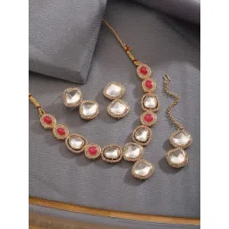 Aatmana Red & White Minimal Stone Studded Necklace, Maangtikka & Earrings Set-picture-25