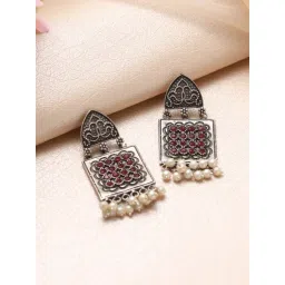 Aatmana Red Stone & Pearl Studded Silver-Toned Contemporary Drop Earrings for Women-picture-42