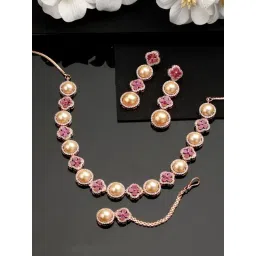 Aatmana Rose Gold-Plated Multi Stone Studded Necklace & Earring Set with Maang Tikka-picture-13