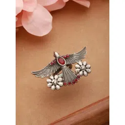 Aatmana Silver-Plated & Red Oxidized Bird Shaped Finger Cocktail Ring-picture-10
