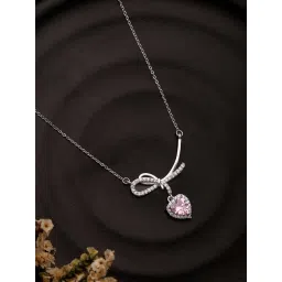 Aatmana Silver-Plated Bow Shaped Pink Hearts CZ Studded Chain Necklace-picture-48