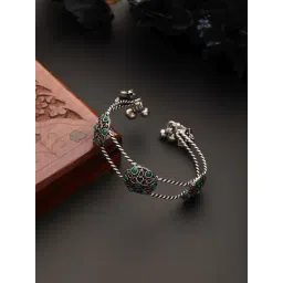 Aatmana Silver-Plated Green Stone-Studded Oxidized Handcrafted Cuff Style Bracelet-picture-29