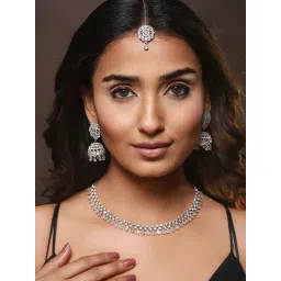 Aatmana Silver-Plated Pink & Mint Green American Diamond Studded Handcrafted Necklace Set image 2