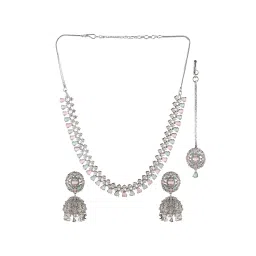 Aatmana Silver-Plated Pink & Mint Green American Diamond Studded Handcrafted Necklace Set image 4