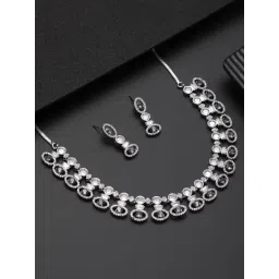 Aatmana Silver-Plated Purple & White American Diamond Studded Necklace Set-image-40