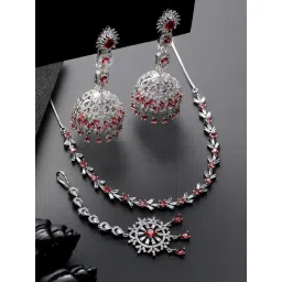 Aatmana Silver-Plated Ruby American Diamond Studded Handcrafted Necklace Set with Maang Tikka-image-47