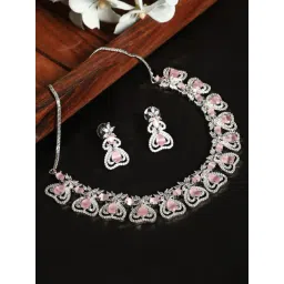 Aatmana Silver-Plated White & Pink CZ Studded Heart Shaped Necklace Set-image-43