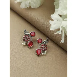 Aatmana Silver Toned Oxidised-Pink Stone Studded Contemporary Peacock Shaped Stud Earrings-picture-27