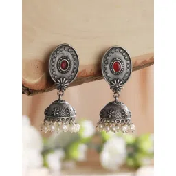 Aatmana Silver-Toned Red Stone & Pearl Studded Oxidised Dome Shaped Jhumki for Women-picture-32