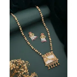 Aatmana Stone Studded & Pearl Beaded Handcrafted Green Necklace & Earring Set-picture-17