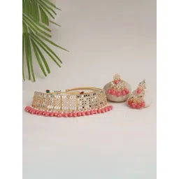 Aatmana White Silver-Plated Pink Beaded Choker Necklace Set for Women-picture-33