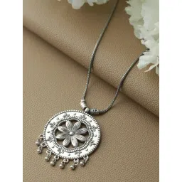 Jazz and Sizzle Oxidised Silver-Plated Floral Motif,Circular Shaped Pendant With Chain Necklace & Earring Set for Women-image-11