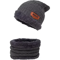 Aavjo Woolen Beanie Cap with Neck Warmer Muffler | Thermal Winter Hat Set for Men Women | Soft Fleece Inner Lining | Acrylic Knit Fabric | Grey-picture-13