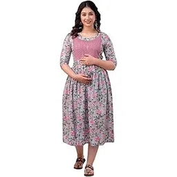 aavrittiqueens Women's Cotton Printed Maternity Regular Fit Feeding Dress Kurta with Zipper (Grey,M), Medium-picture-13