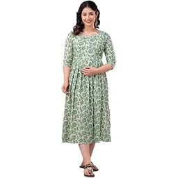 aavrittiqueens Women's Printed Maternity Feeding Dress with Zipper (GreenBu,S)-picture-39