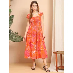 Aawari Women Tropical Printed Square Neck Cap Sleeves Smocked Fit And Flare Dress-picture-12