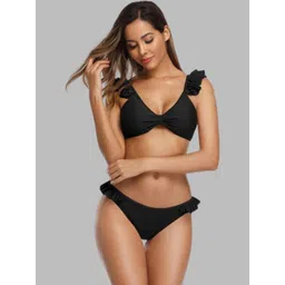 Aayan Baby Women Black solid Polyester Frill Strap Bikini Set image 1