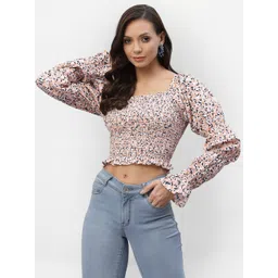 aayu Floral Print Crepe Smocked Crop Top-picture-41