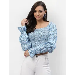 aayu Navy Floral Print Smocked Crop Top-picture-37