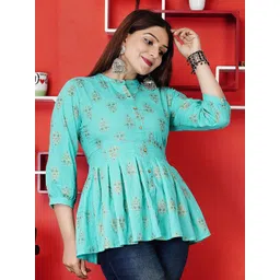 aayusika Ethnic Printed Mandarin Collar Cotton Longline Peplum Top image 5