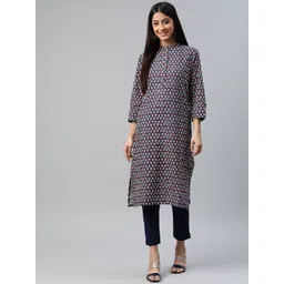 aayusika Women Navy Blue & White Ethnic Motifs Printed Floral Kurta-picture-26