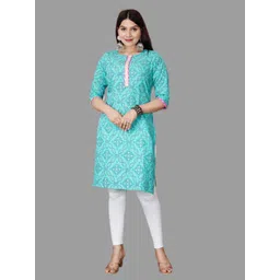 aayusika Women Turquoise Blue Ethnic Motifs Printed Mirror Work Pure Cotton Kurta-picture-25