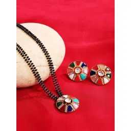 Abdesigns Gold Plated Black Beaded Navratna Polki & Diamond Mangalsutra & Earrings Set-picture-39