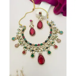 Abdesigns Gold-Tone Plated Polki American Diamond Necklace & Earring Set-picture-45